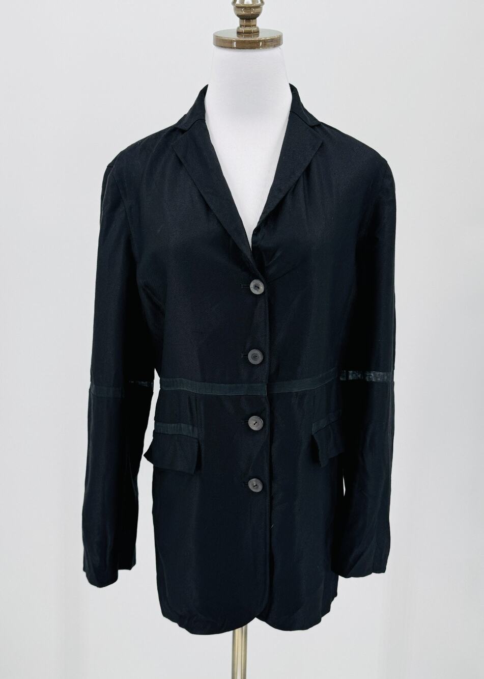 Chado Ralph Rucci Black Silk Collared Semi Sheer Detail Blazer Jacket Sz 10